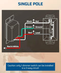 Diagram showing wiring connections for Single Pole installation of Two Pack Dimmer Light Switches Featuring Quiet Smooth Glide Slider.