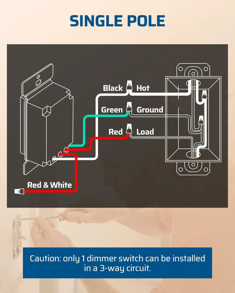 Diagram showing wiring connections for Single Pole installation of Two Pack Dimmer Light Switches Featuring Quiet Smooth Glide Slider.