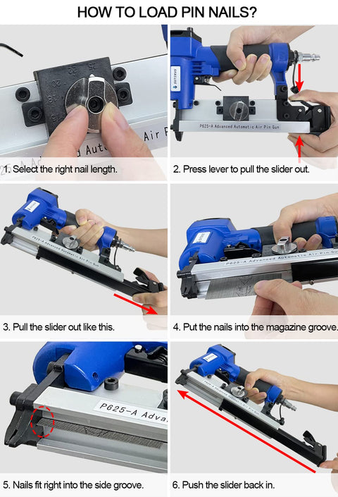 Step-by-step instructions on loading pin nails into a Lightweight 23 Gauge Pin Nailer for Woodworking With Pneumatic Power