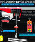 Front view: electric hoist, red 1760-lb capacity with wireless remote, 110V, steel winch and load hook