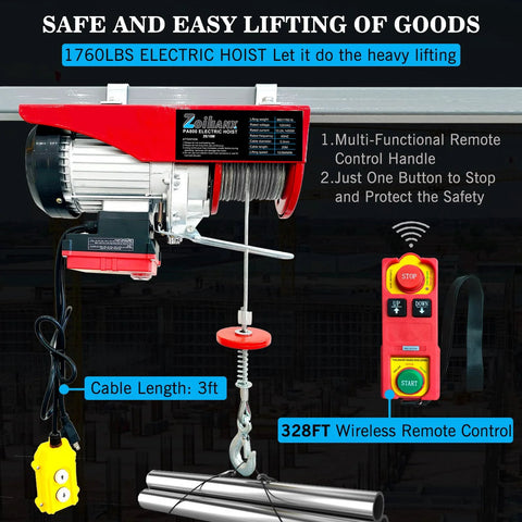 Front view: electric hoist, red 1760-lb capacity with wireless remote, 110V, steel winch and load hook