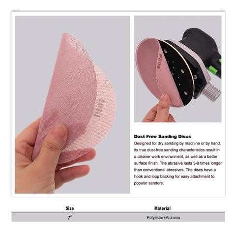Peel And Switch 7 Inch Hook Loop Sanding Discs With Dust Vent Holes For Wood Metal And Plastic 80 To 800 Grit Assortment Pack Of 10 being held in hand.