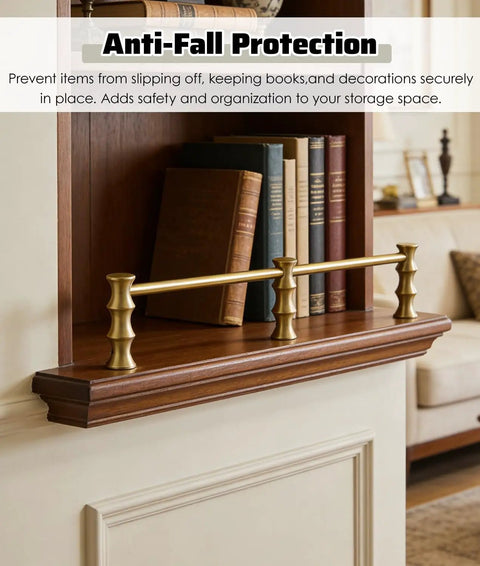 4 Pack Unlacquered Antique Brass Gallery Rails For Shelving Featuring Rock Solid Anti Slide Edges That Double As Heavy Duty Bookends.