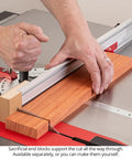 StealthStop Zero Clearance Sacrificial End Blocks, 3 Pack With Track Nuts For Miter Gauge Fence, Through Cut Support Blocks To Protect Material And Fence, Fits StealthStop Units. Wood block on miter gauge fence during through cut