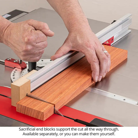 StealthStop Zero Clearance Sacrificial End Blocks, 3 Pack With Track Nuts For Miter Gauge Fence, Through Cut Support Blocks To Protect Material And Fence, Fits StealthStop Units. Wood block on miter gauge fence during through cut