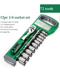 Heavy Duty One Quarter Inch Drive Ratchet And Socket Set Crafted From Rugged Chrome Vanadium Steel Packed With Versatile Sizes built for mechanics, 12pc set displayed.