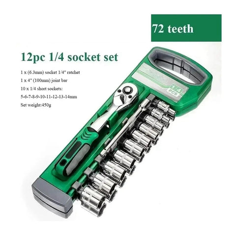 Heavy Duty One Quarter Inch Drive Ratchet And Socket Set Crafted From Rugged Chrome Vanadium Steel Packed With Versatile Sizes built for mechanics, 12pc set displayed.