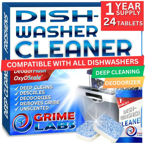 All In One Washing Machine And Dishwasher Cleaning Tablets Bundle, 48 Count For A 12 Month Supply, Deep Clean And Deodorize, Break Down Buildup, Soap Scum, And Mineral Deposits In Hard Water For Cleaner Dishes And Fresh Machines. dishwasher cleaner box with 24 tablets