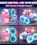 Unicorn Themed RC Car For Girls With 360 Degree Rotating Stunt Action, 4x4 All Terrain Monster Truck, LED Lights, Kids Toy