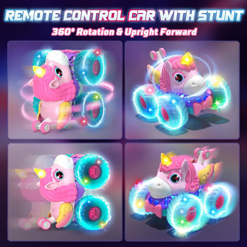 Unicorn Themed RC Car For Girls With 360 Degree Rotating Stunt Action, 4x4 All Terrain Monster Truck, LED Lights, Kids Toy
