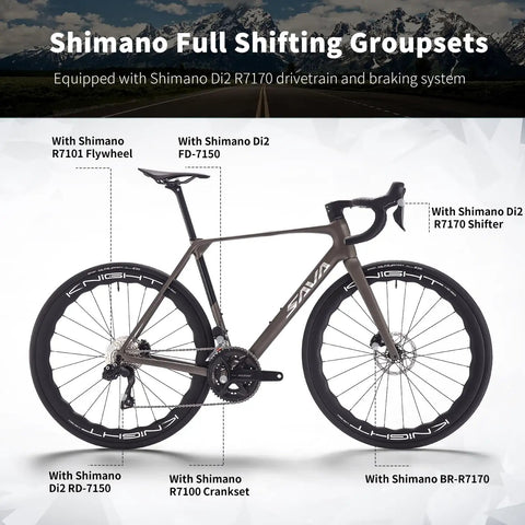 Carbon Road Bike With Ultra Light T1000 Frame, 24 Speed Shimano 105 Di2 R7170 Shifting, full view with components labeled
