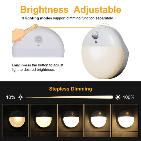 Two Pack Motion Sensor Night Lights For Indoor Use 2.6 Inch Stick On LED Lights For Stairs Bathroom Hallway Bedroom Kids Soft Warm White Dimmable 3 Light Modes Battery Powered Travel Friendly