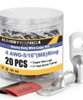 Heavy Duty Beefed Up Tinned Copper Battery Lugs Set For 4 AWG Wire Ends With Five Sixteenth Inch Ring Terminals Kit, 20 pcs