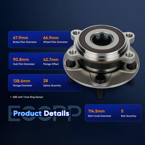 Front Wheel Hub And Bearing Assembly For Mazda 3 2014 2017 And Mazda CX 3 2016 2017 5 Lug 2 Piece ABS Compatible Direct Fit Replacement Wheel Hub Bearings Set For Front Axle.