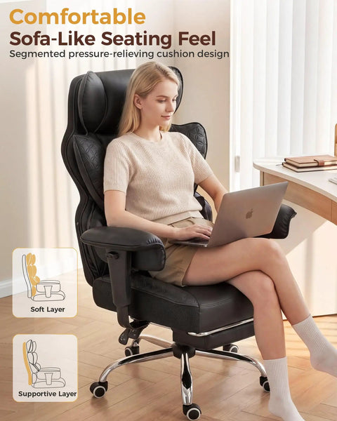 Big And Tall Office Chair For Heavy Duty Comfort With Deluxe Embossed Leather High Back Ergonomic Computer Chair With Foot Rest in use