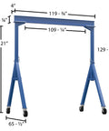 Industrial Grade Steel Fixed Gantry Crane, 10 Ft Span, 4000 Lb Capacity with detailed dimensions and smooth locking casters.