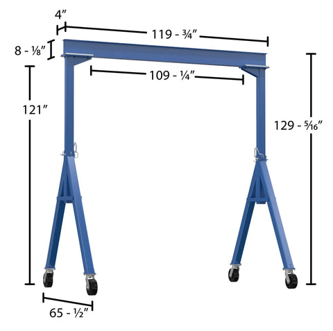 Industrial Grade Steel Fixed Gantry Crane, 10 Ft Span, 4000 Lb Capacity with detailed dimensions and smooth locking casters.
