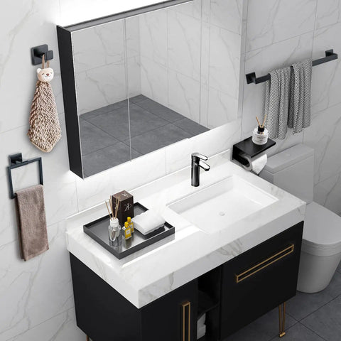 Matte Black 4 Piece Stainless Steel Towel Bar Set for Bathrooms Wall Mounted Hardware Kit with Towel Rack Robe Hook and Toilet Paper Holder Rust Resistant SUS304 Bath Accessories displayed in modern bathroom setting