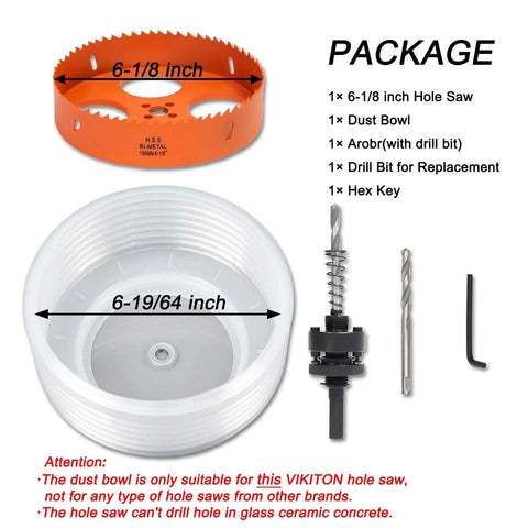 VIKITON 6-1/8 in hole saw kit with dust bowl, arbor with drill bit, replacement drill bit, and hex key
