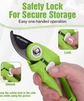 Green 6.9 Inch Bypass Pruning Shears With Sharp SK5 Steel Blade, ergonomic grip, showing safety lock mechanism in close-up