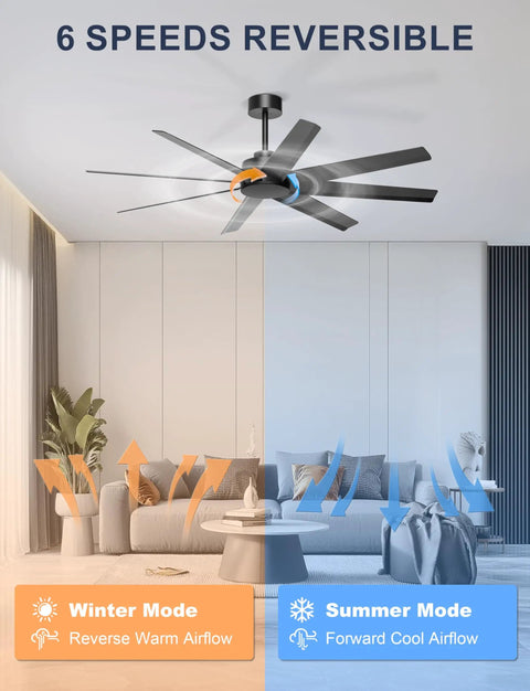 60 Inch Ceiling Fan No Light Modern Black With 8 Blades Remote App Control DC Motor Outdoor Fan in living room.