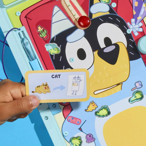 Legit Awesome Bluey Pediatrician Board Game For Kids Featuring Electronic Talking Sound Effects And All In One Carry Case With Two Play Modes And Super Chill Family Fun For Ages 6 Plus Totally Rad Interactive Playtime, showing game card with 'Cat' design.