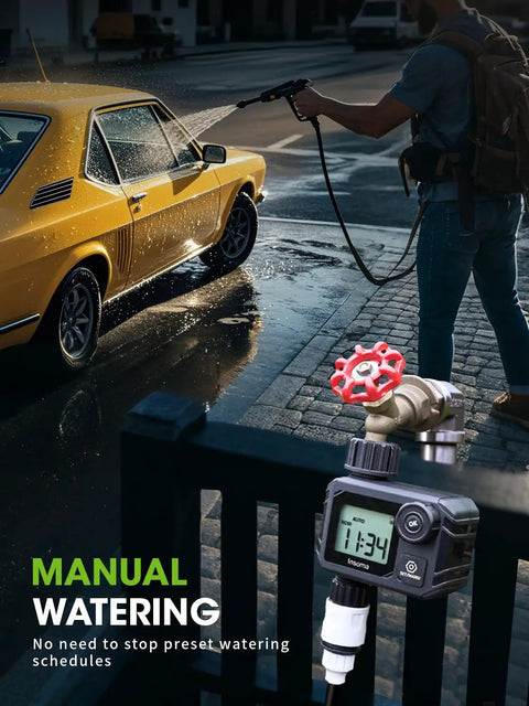Person using programmable sprinkler timer with two-button setup and manual watering mode for garden and lawn irrigation.