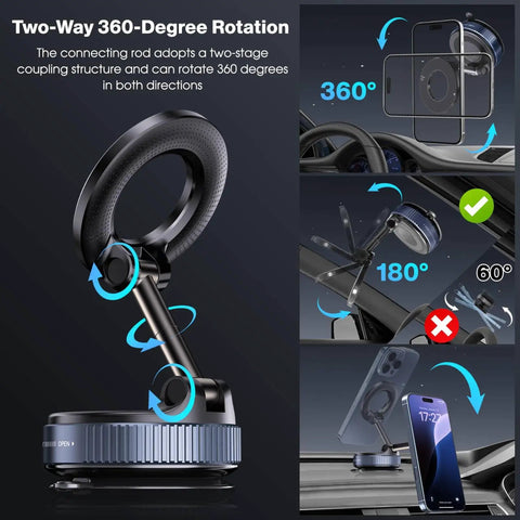 Vacuum Magnetic Car Phone Holder For MagSafe Hands Free 360 Degree Rotatable Mount With Solid Suction shown rotating on dashboard.
