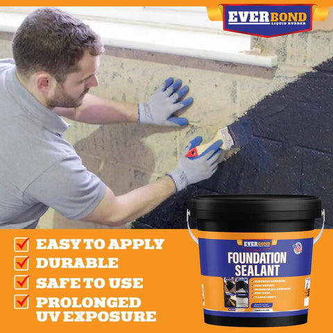 Pro Grade Concrete Crack Sealer That Slams Shut Water Leaks And Stops Gaps Fast For Basements Garages Driveways And Masonry Straight Up Waterproof Formula Easy Trowel Finish Big Jumbo Jug applied on wall by a man in gloves.
