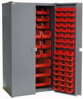 Built Tough Heavy Duty Storage Cabinet With 132 Red Plastic Parts Organizer Bins, Lockable Front Doors, side view open
