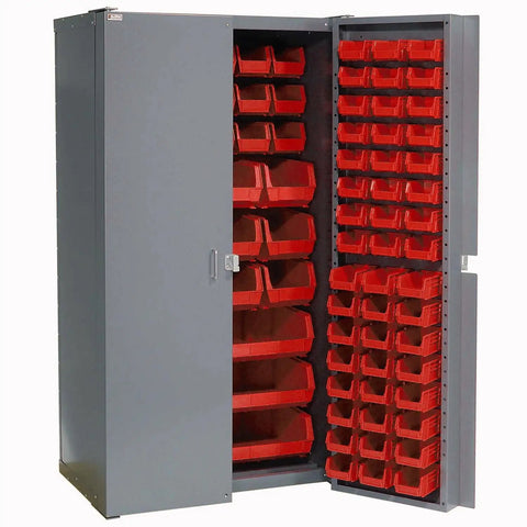 Built Tough Heavy Duty Storage Cabinet With 132 Red Plastic Parts Organizer Bins, Lockable Front Doors, side view open