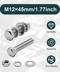Rock Solid GIYI 304 Stainless Steel M12 Hex Bolt Set With Nuts Washers, 45mm, for rust-proof home repair and heavy-duty use.