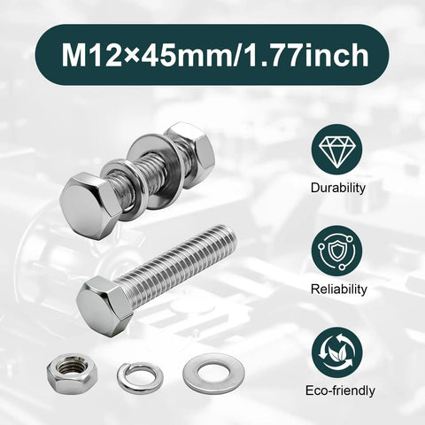 Rock Solid GIYI 304 Stainless Steel M12 Hex Bolt Set With Nuts Washers, 45mm, for rust-proof home repair and heavy-duty use.