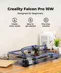 10W Pro Laser Engraver With Air Assist on wooden table, showing Falcon Pro 10W CNC laser engraving machine for wood, metal.