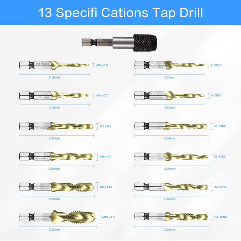 Image of Three In One Drill And Tap Bit Set With Quick Change Adapter Titanium Coated 6 Pc SAE and 6 Pc Metric for metal drilling.