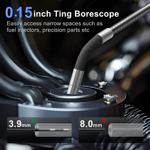 3.9mm Two Way Articulating Borescope With 7 Inch IPS Screen 1080P Endoscope Camera showing flexible probe in engine