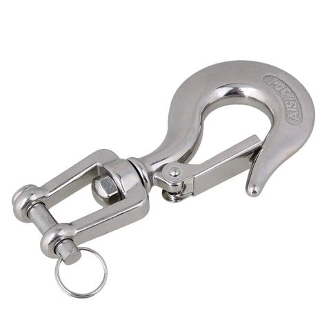 American Style 304 Stainless Steel Swivel Lifting Hook With Safety Latch robust design for boat trailer winch cables, 8mm pin size.