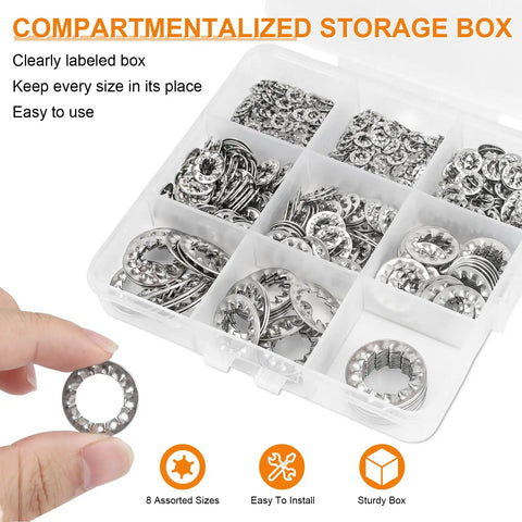Internal Tooth Star Lock Washers Kit 304 Stainless Steel Assortment With 485 Pieces In 8 Sizes M2.5 To M12 in storage box