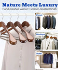 Beefy Extra Wide Solid Wood Hangers With Non Slip Bar And 360 Degree Swivel Hook For Suits, Jackets, And Pants, Heavy Duty Coat Hangers In Walnut Finish, Set Of 6 on display with clothes in various settings.