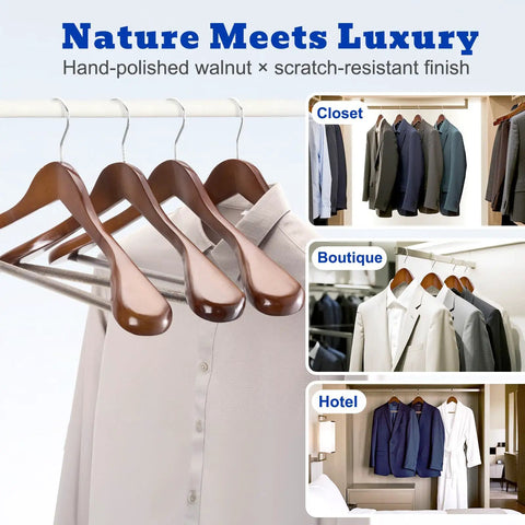 Beefy Extra Wide Solid Wood Hangers With Non Slip Bar And 360 Degree Swivel Hook For Suits, Jackets, And Pants, Heavy Duty Coat Hangers In Walnut Finish, Set Of 6 on display with clothes in various settings.