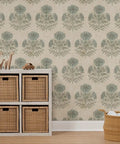 Fresh Blue Floral Removable Wallpaper Featuring A No Sweat Pre Pasted Formula That Glides On Smooth For Renter Friendly Accent Walls And Creative Craft Vibes Durable Top Shelf Home Decor Printed Right Here In The Usa, displayed on a living room wall with woven baskets.