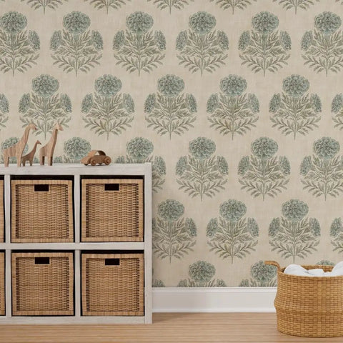 Fresh Blue Floral Removable Wallpaper Featuring A No Sweat Pre Pasted Formula That Glides On Smooth For Renter Friendly Accent Walls And Creative Craft Vibes Durable Top Shelf Home Decor Printed Right Here In The Usa, displayed on a living room wall with woven baskets.