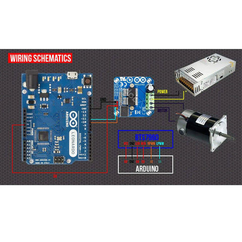 Two Pack BTS7960 43A High Power Motor Driver Module For DIYers, Hobbyists, Robots And RC Projects With 5V Logic Isolation, PWM Control, Heat Sink Ready, LED Indicator, Ground Pin, Solder Friendly Board wiring schematic with Arduino and DC motor
