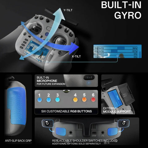 TX15 Pro 2.4GHz 16 Channel EdgeTX Radio Transmitter with built-in gyro, RGB buttons, external module support, and back grip