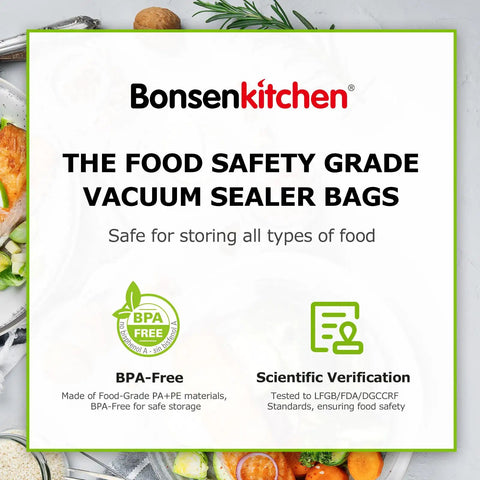 Vacuum Sealer Bags 11 Inch By 50 Foot Rolls 2 Pack For Food Storage BPA Free Commercial Grade, with BPA-Free certification logo.