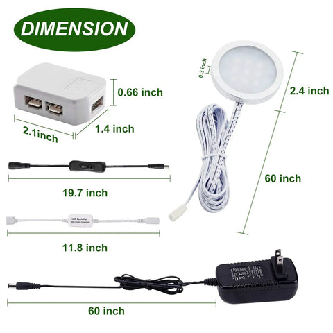RGB Under Cabinet Lights Kit With Wireless RF Remote And Dimmable LED Puck Lights dimensions and components layout.