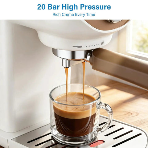 Compact Espresso Maker With 20 Bar Pressure And Built In Milk Frother Semi Automatic Coffee Brewer extracting espresso into glass.