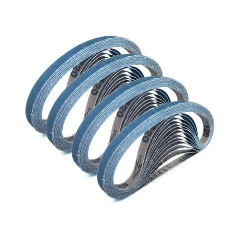 30 Piece Sanding Belts Assorted Kit Top Shelf P80 Grit Abrasive Strips for wood, metal, and plastic grinding.