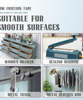 Silky Smooth Low Friction Drawer Glide Tape 1 Inch By 33 Feet Self Adhesive Cabinet Slide Protector For Furniture Wood Metal Anti Scratch White Game Changer Strip on wooden drawer, sealing machine, metal track, and clothes rod.