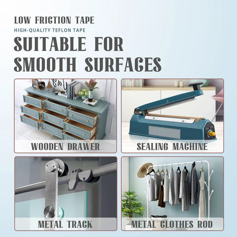 Silky Smooth Low Friction Drawer Glide Tape 1 Inch By 33 Feet Self Adhesive Cabinet Slide Protector For Furniture Wood Metal Anti Scratch White Game Changer Strip on wooden drawer, sealing machine, metal track, and clothes rod.